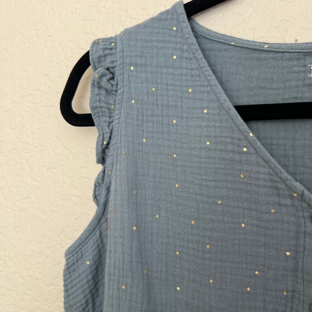 Vertbaudet Blue Gold Dot Ruffle Sleeveless Cotton Button Blouse Top 44 - Picture 7 of 12